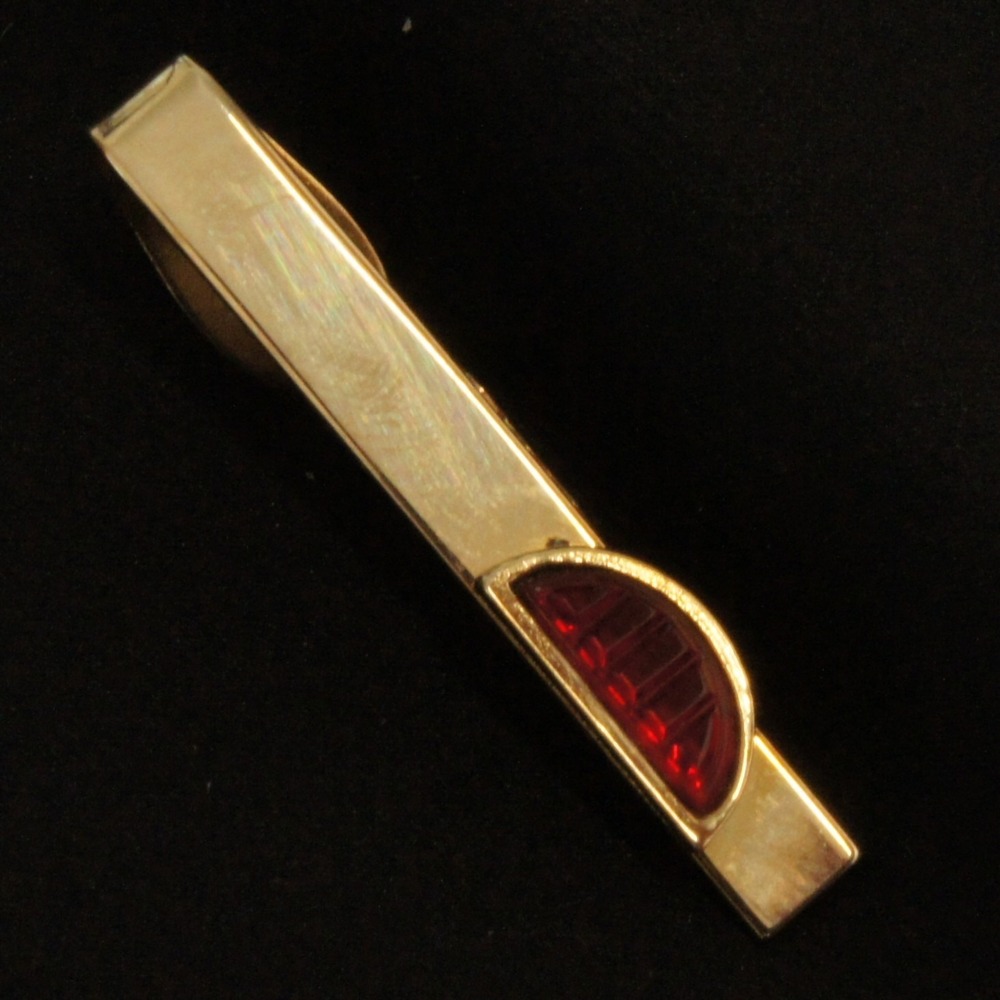 Vintage Shields Tie Clip Gold Tone Red Stone Bar Mens Classic Formal